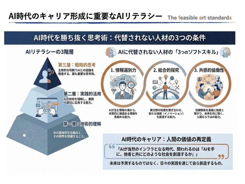 AI時代のキャリアには、AIリテラシーがどのように不可欠となるか。その答えの1つに「人間の価値の再定義」がある。AIに代替されない人材に不可欠な3つのソフトスキルで新たな価値創造が鍵となる。